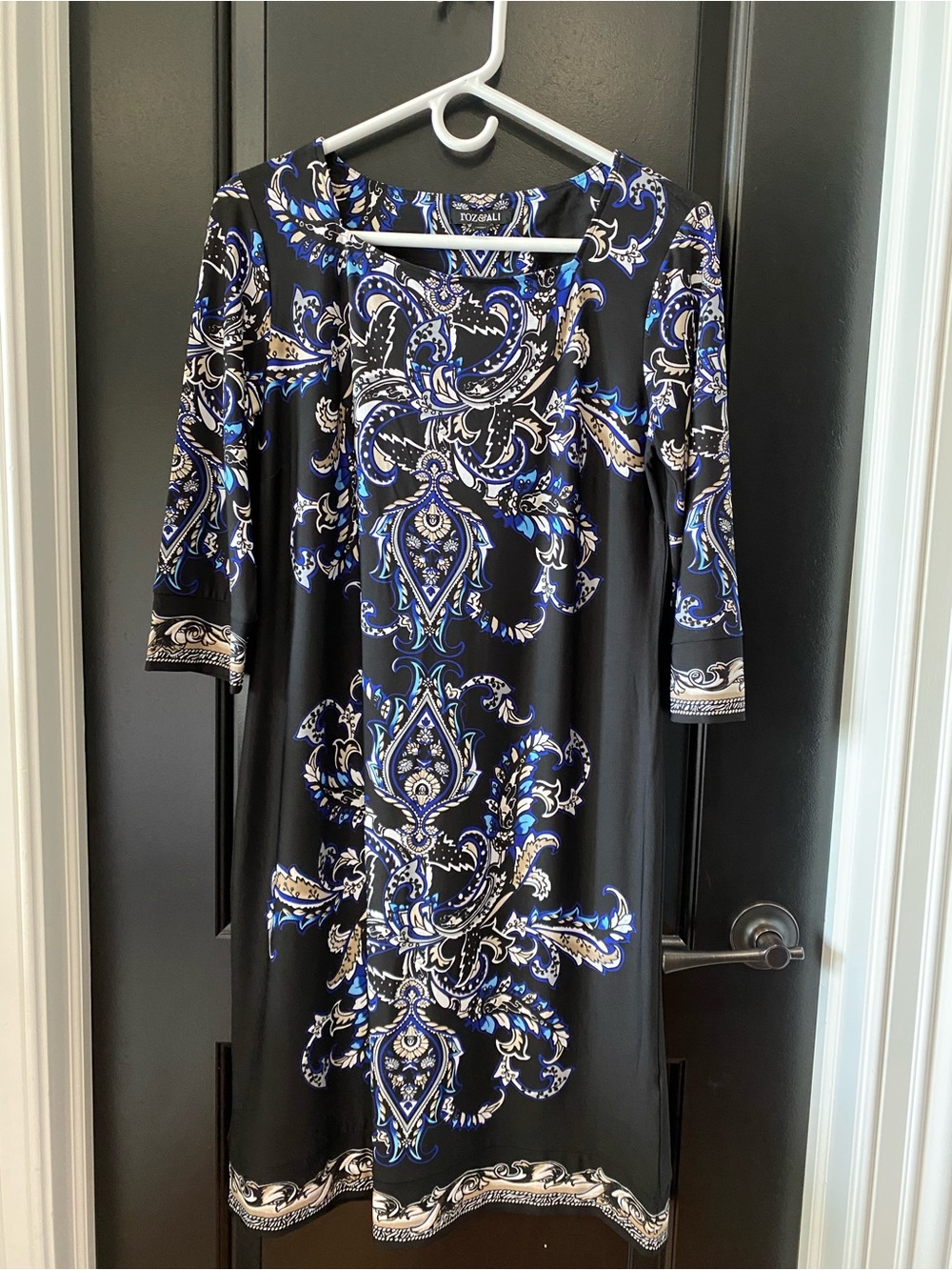 Roz & Ali Black Paisley-Print 3/4-Sleeve Dress with Blue & White Details